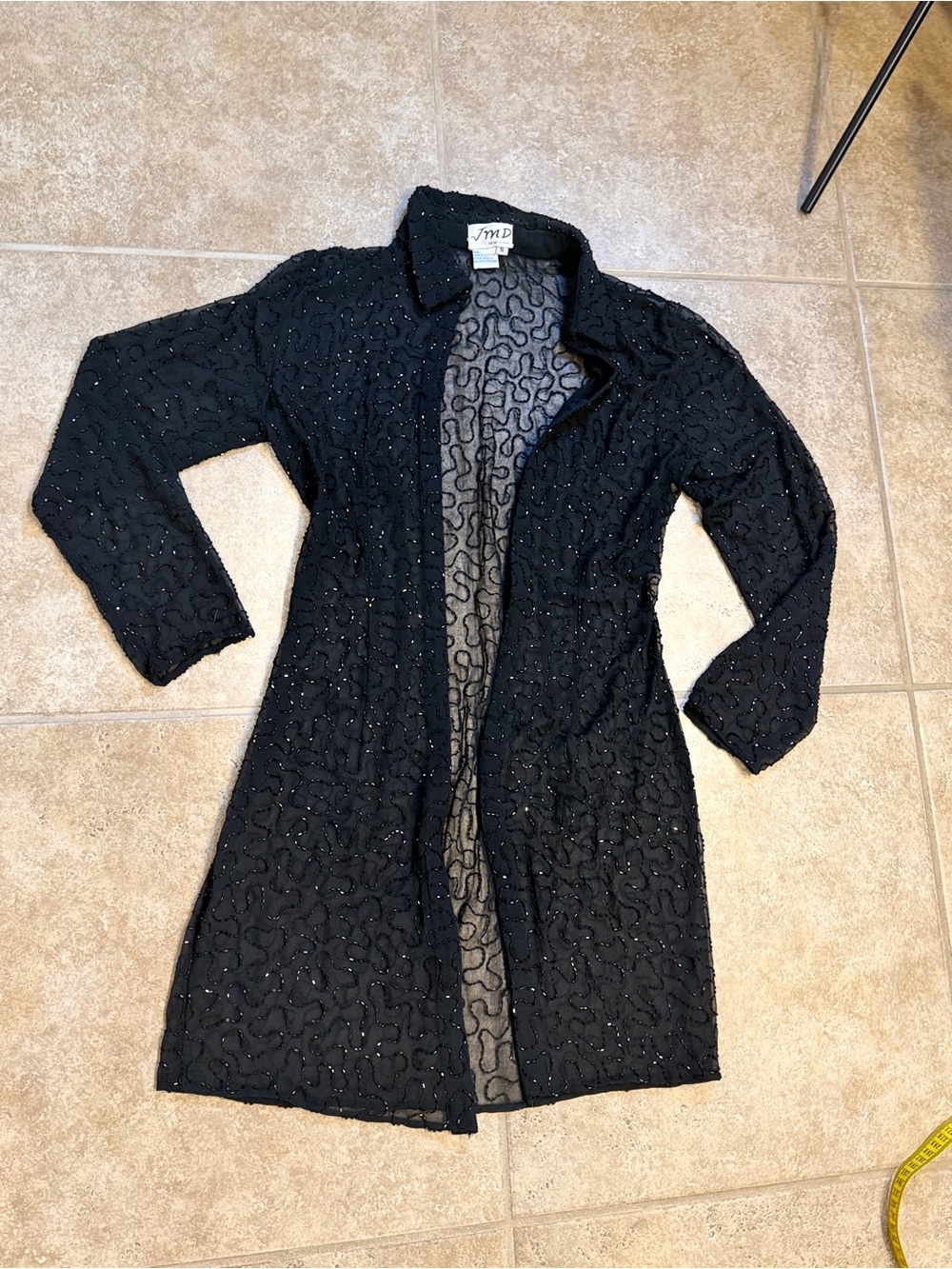 JmD New York Black Beaded Sheer Duster Jacket Size Small